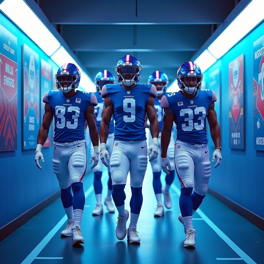 Design Prompt:

**Scene**: A group of football players walking through a stadium corridor.

**Players' Design**:
1. **Color Scheme**: Use a vibrant blue and white uniform instead of red and white. The helmets should be primarily blue with white accents.
2. **Jersey Numbers**: Change the font style to a sleek, modern typeface and use larger, bold numbers in white.
3. **Sleeve Design**: Introduce unique geometric patterns along the sleeves in a lighter blue tone.
4. **Pants**: Incorporate white pants with blue stripes down the sides.
5. **Footwear**: Players wear futuristic sleek sneakers in a mixed colorway of white and black instead of traditional cleats.

**Background and Setting**: 
- The corridor has modern lighting with a mix of neon blue accents reflecting on the walls. Add posters or banners that emphasize teamwork and sportsmanship instead of brand logos.

**Player Pose and Grouping**: 
- Shift the positions, allowing players to show various expressions: one smiling, another focused, and one engaging with fans as they walk. 

This scene should convey a sense of unity and excitement while highlighting the energy of a game day.