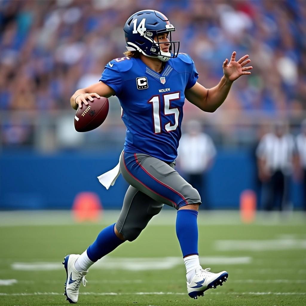 Create an image of a football player in a dynamic throwing pose. Change the jersey color to a vibrant blue, and modify the pants to a dark gray. Remove any logos or brand references from the attire. The player should be wearing white cleats and a helmet without any visible decals. The background should be a blurred football field, capturing the essence of an intense game atmosphere.