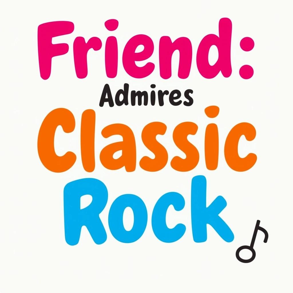 **Design Breakdown:**

- **Text Structure**: Three lines of text.
  
- **Line 1**:  
  - **Text**: "Friend"  
  - **Color**: Bright Pink  
  - **Font Style**: Bold and playful

- **Line 2**:  
  - **Text**: "Admires"  
  - **Color**: Vibrant Orange  
  - **Font Style**: Slightly larger, bold

- **Line 3**:  
  - **Text**: "Classic Rock"  
  - **Color**: Electric Blue  
  - **Font Style**: Bold and slightly larger than Line 1

**Layout**: Centered alignment with equal spacing between lines for balance. Consider using a fun, modern font to keep it engaging while ensuring legibility.