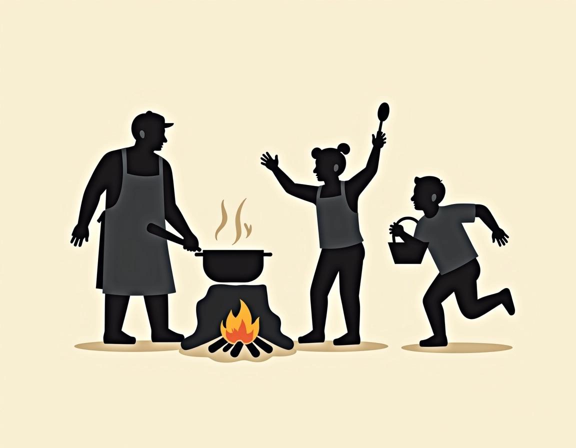 Create a design featuring three figures in silhouette. One figure is wearing an apron and holding a large pot over a small fire. The second figure is energetically raising a spoon as if cheering, while the third figure is dashing away with a basket. The background should remain plain to emphasize the action and camaraderie among the characters.