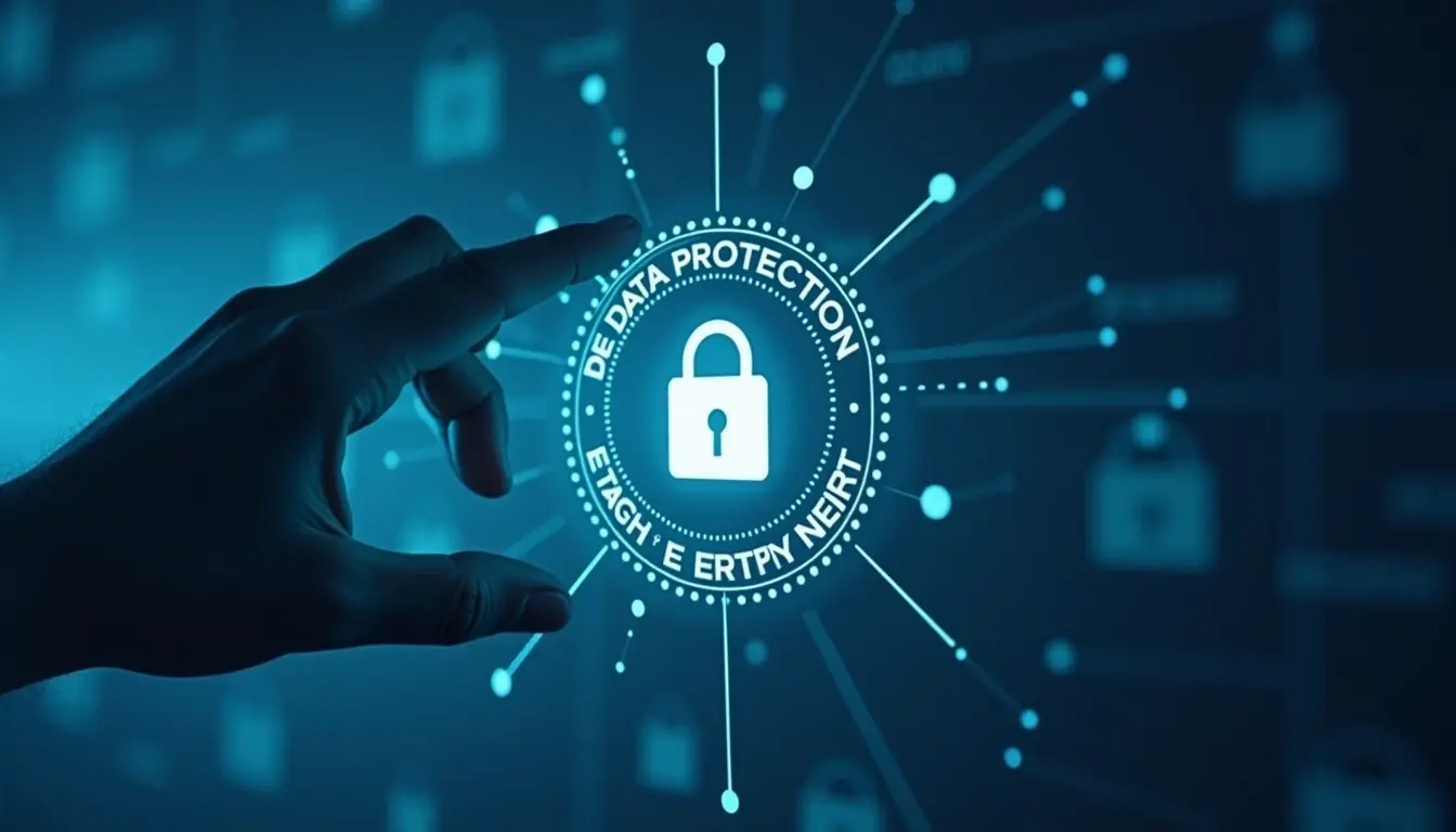 Create an image featuring a stylized hand silhouette in a muted blue color. Center a simplified lock icon in white within a circular border that is dotted, with a gradient edge transitioning to a lighter blue. Replace the text with “DATA PROTECTION” in a modern font, evenly distributed around the circle. Use a digital backdrop with abstract geometric patterns and soft glowing nodes to suggest a tech environment, avoiding any brand references.