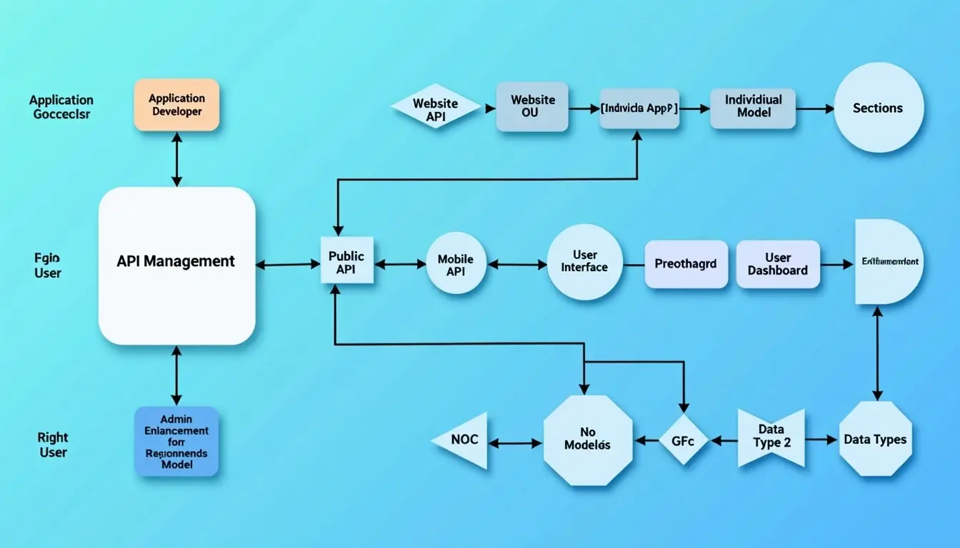 Create a flowchart for a system that facilitates user interaction through various applications. 

1. **Top Section**: 
   - Show two user types: "Application Developer" and "Individual User".
   - Indicate connections to two types of web applications: "Website A" and "Website B", and corresponding mobile applications: "Mobile App A" and "Mobile App B".
   
2. **Center Section**: 
   - Include a box labeled "API Management" that connects these applications, with sub-elements indicating features such as "Public API" and "Recommendation Model".
   
3. **Right Section**: 
   - Create separate boxes for "Admin Interface" and "User Dashboard" linked to both user types.

4. **Bottom Section**: 
   - Illustrate a feedback loop for enhancements from "User Feedback" to "API Management".
   - Add sections labeled "Data Models" with types (e.g., "Model Type 1", "Model Type 2") branching out.

5. **Design Elements**: 
   - Use a blue background, and vary the shapes and shades for each box to distinguish functions clearly.
   - Arrows should connect the different elements to show interactivity and flow between users, applications, and the API management system. 

Ensure that there are no brand references and maintain a generalizable theme for applications and user interaction.