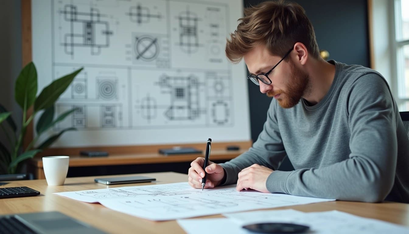Technical Graphics Workspace Design a workspace scene featuring a person foc | NoMoreCopyright
