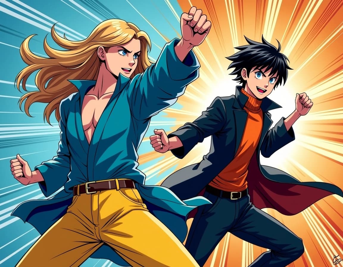 2 Character Dynamic Create an image featuring two characters in dyn | NoMoreCopyright