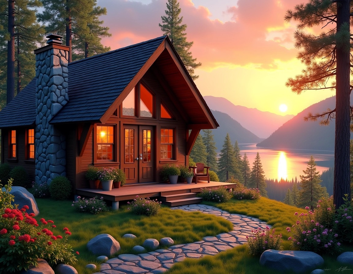 Create an image of a cozy cabin in a forest set | NoMoreCopyright
