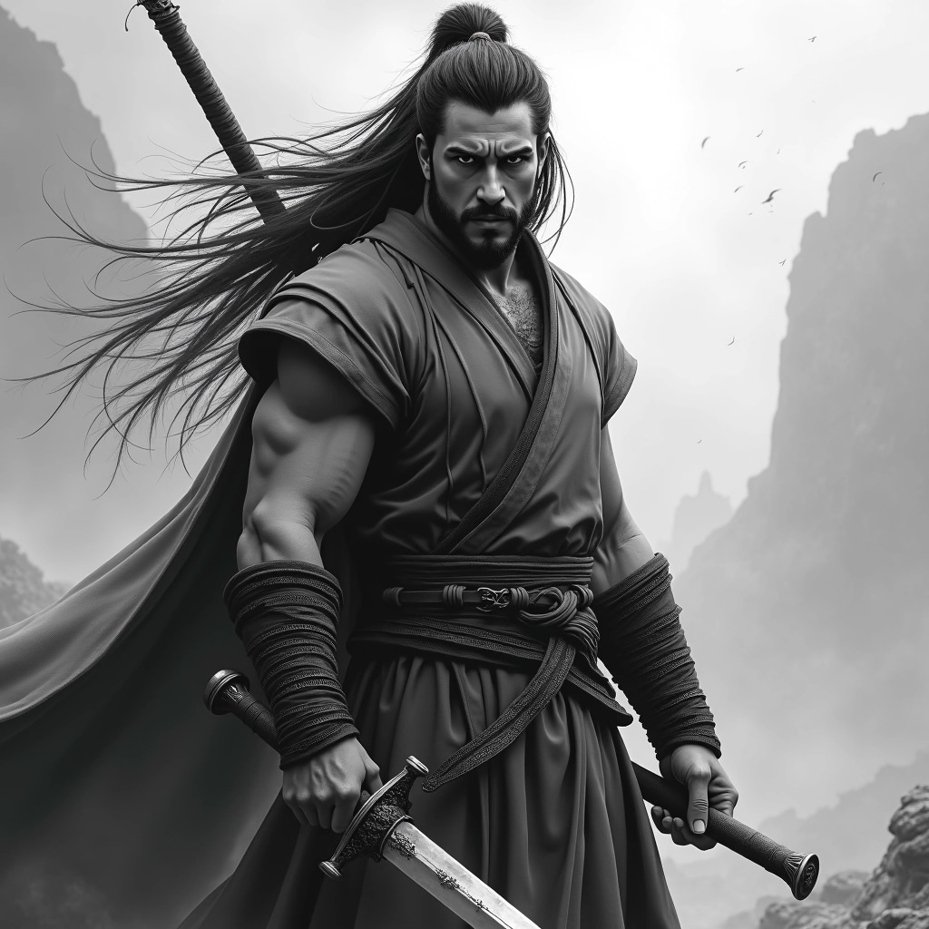 Create an image of a fierce warrior with long | NoMoreCopyright