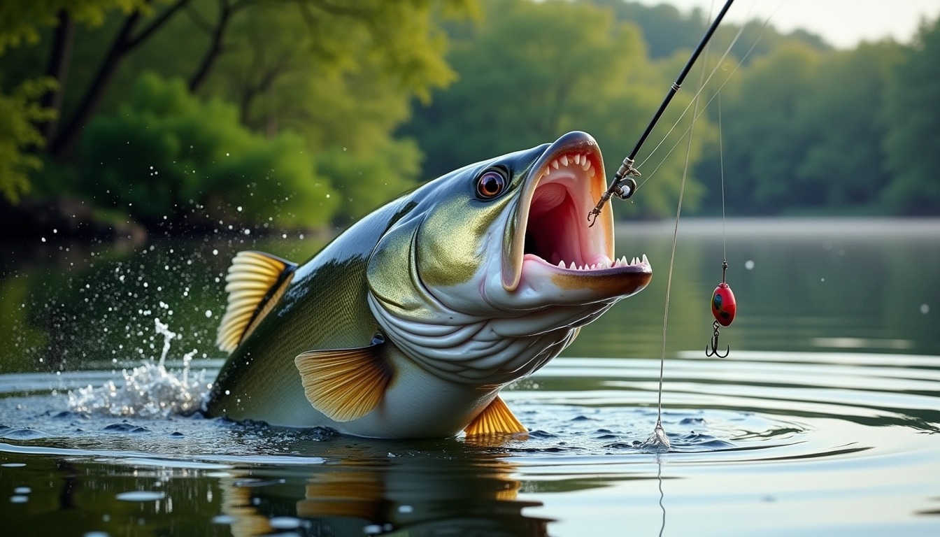 Create an image of a large fish breaching the s | NoMoreCopyright