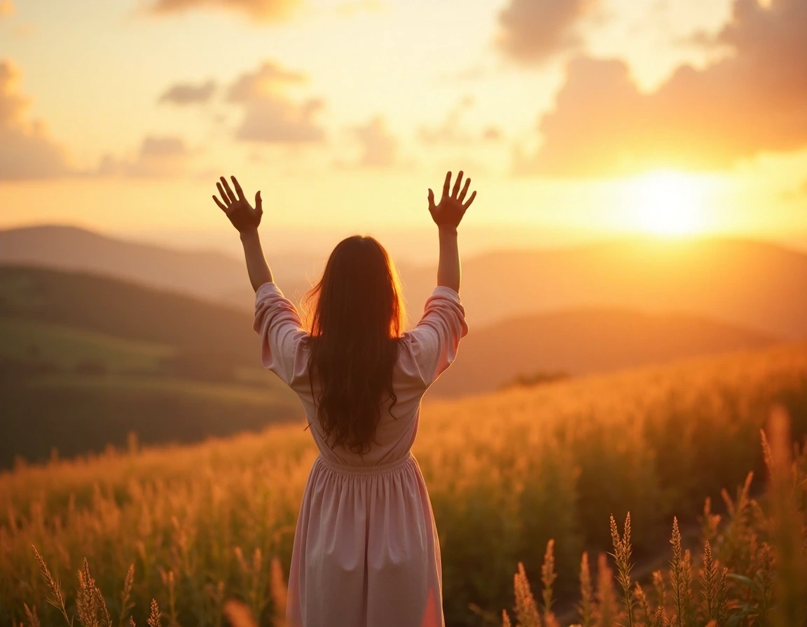 Create an image of a woman standing in a field | NoMoreCopyright