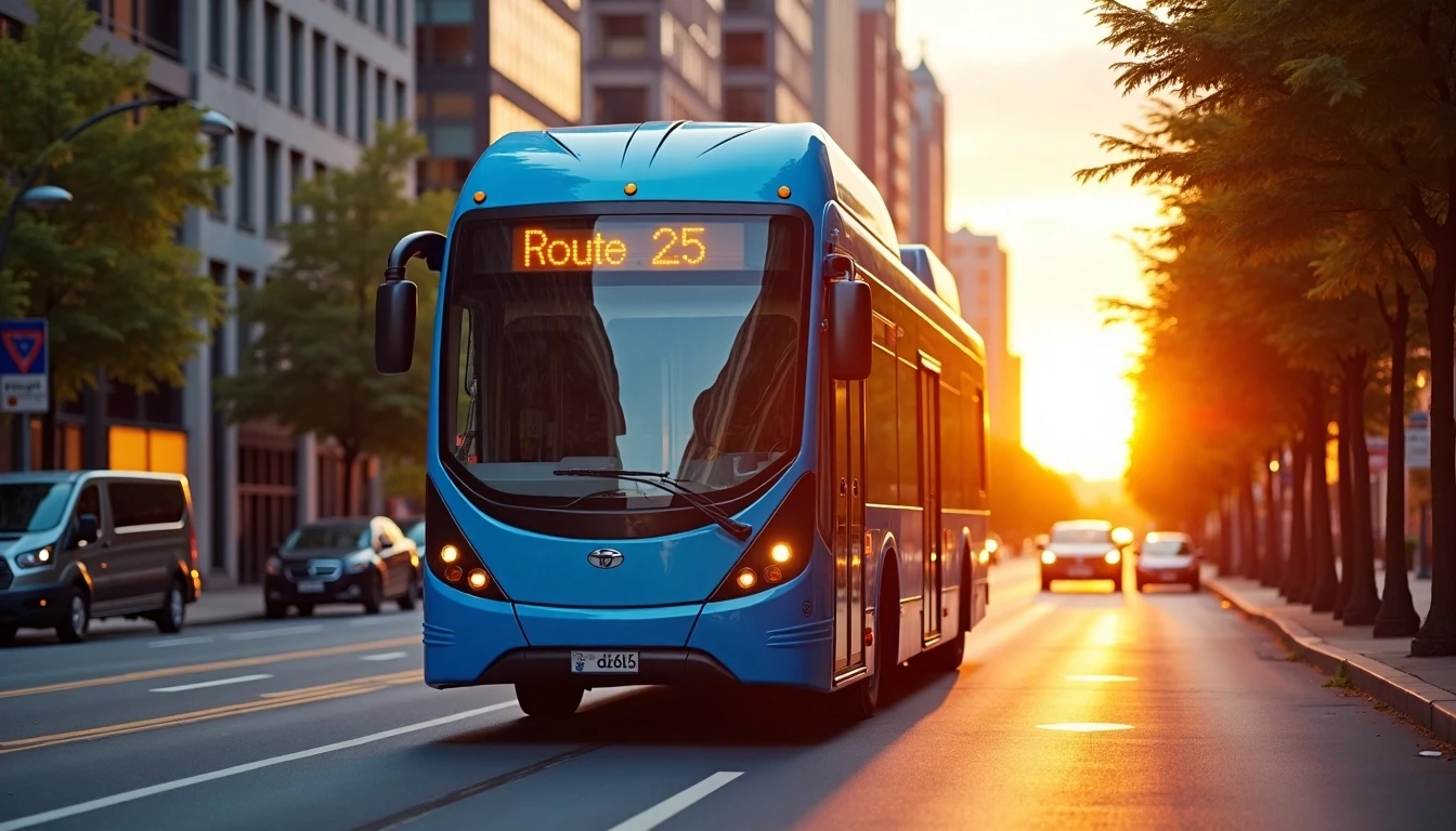 Create an image of a city bus traveling down a | NoMoreCopyright